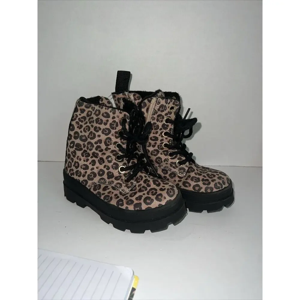H&M Little Girls 8.5‎ Warm-lined Boots with Laces Light beige/leopard print